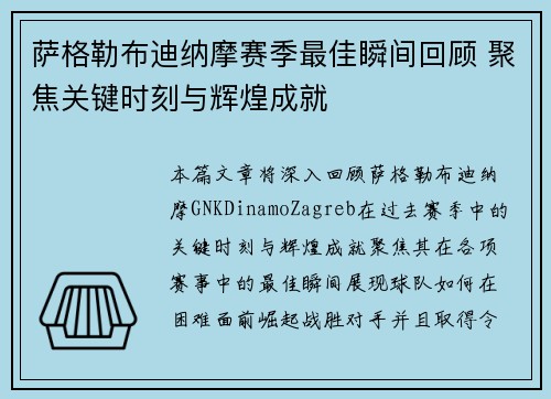 萨格勒布迪纳摩赛季最佳瞬间回顾 聚焦关键时刻与辉煌成就
